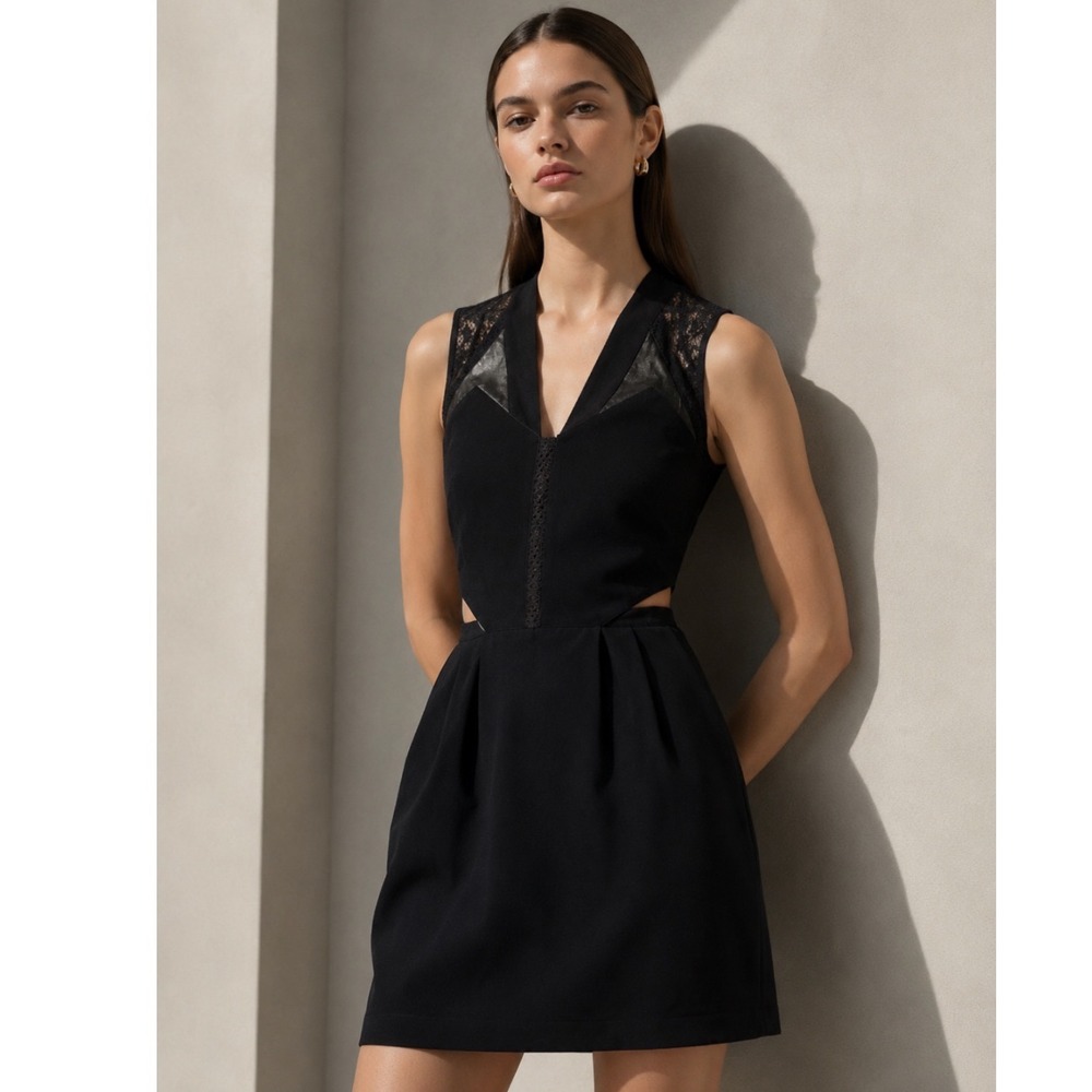 The Kooples Black Lace CREPE LAMBSKIN Leather Cutout Sleeveless Mini Dress XS